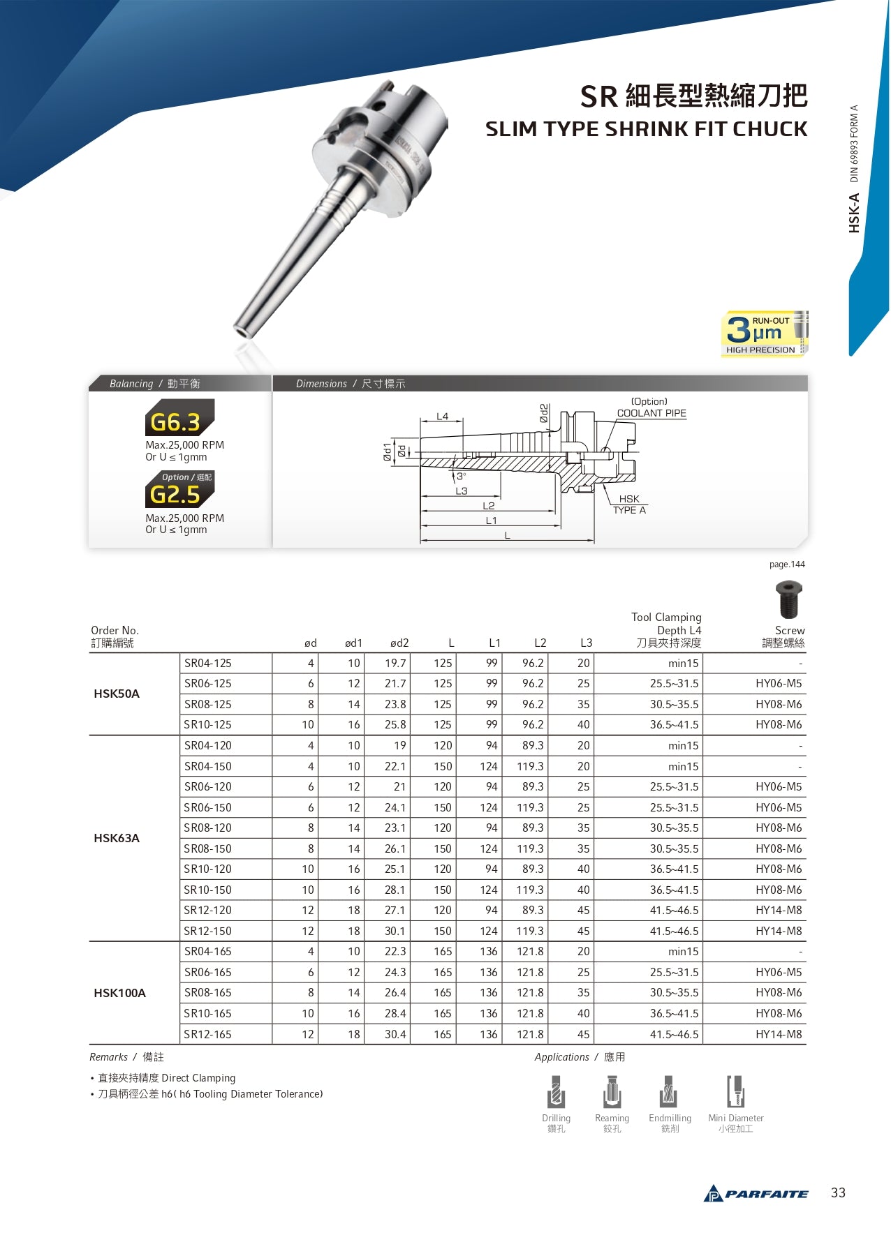 HSK63A Slim Type Shrink Fit Chuck- Diameter 6