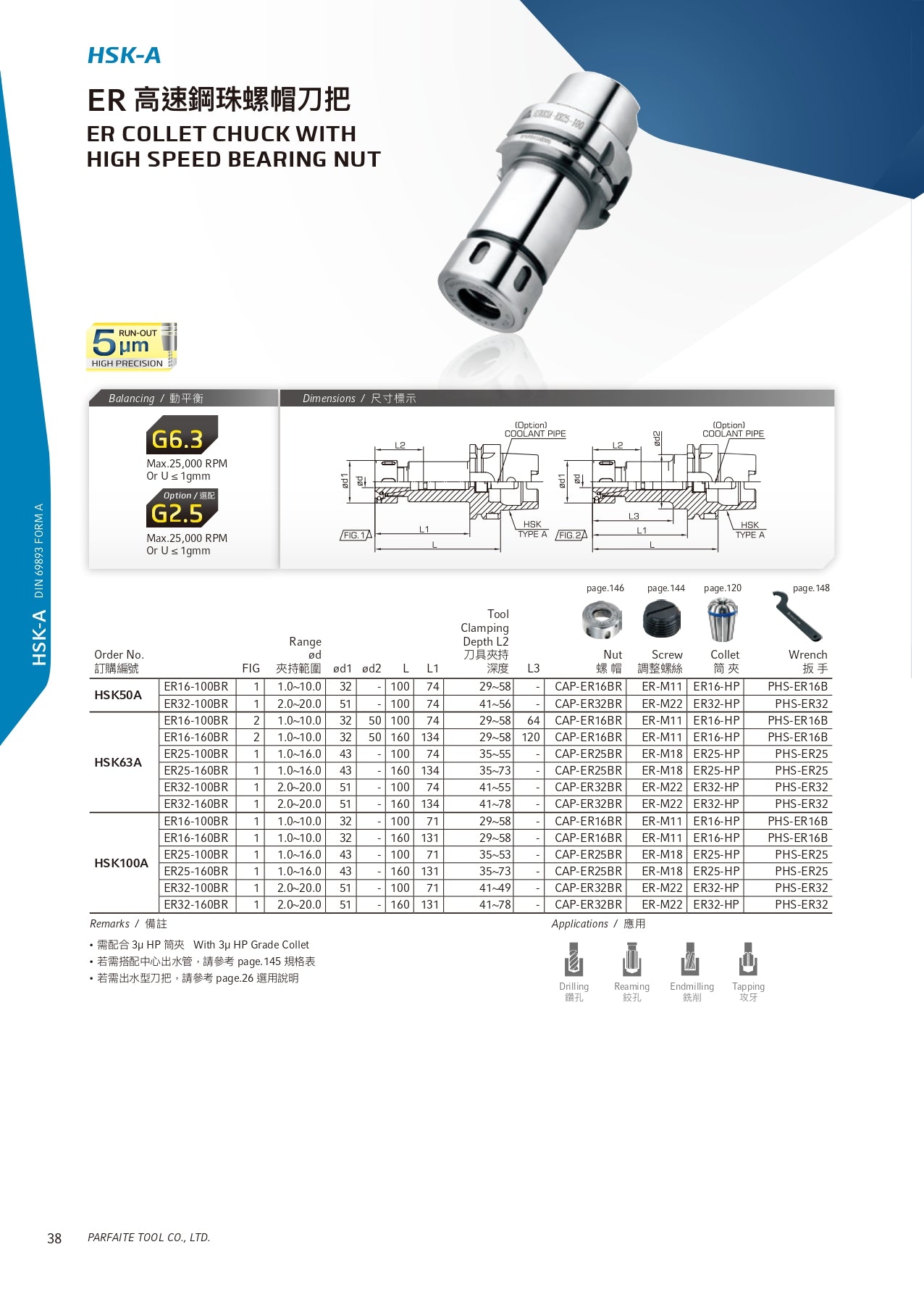 HSK63A ER Collet Chuck with High Speed Bearing Nut-ER20-BR