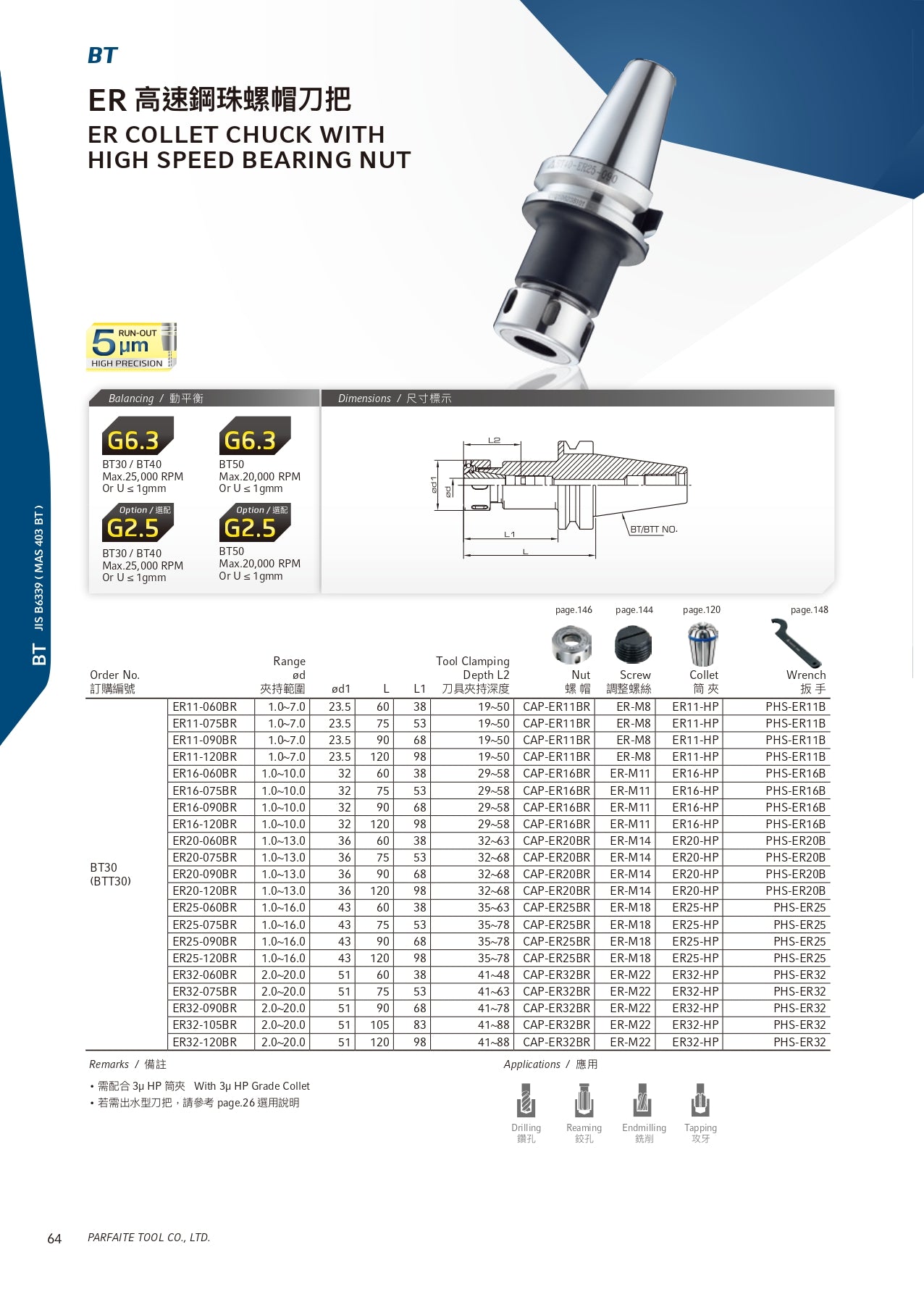 BT30 ER Collet Chuck with High Speed Bearing Nut-ER20-BR