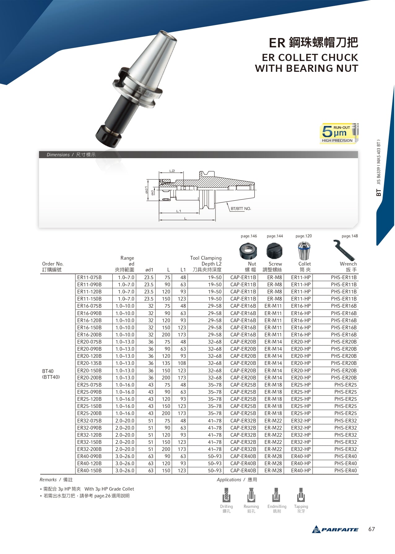 BTT40 ER Collet Chuck with Bearing Nut-ER20-B