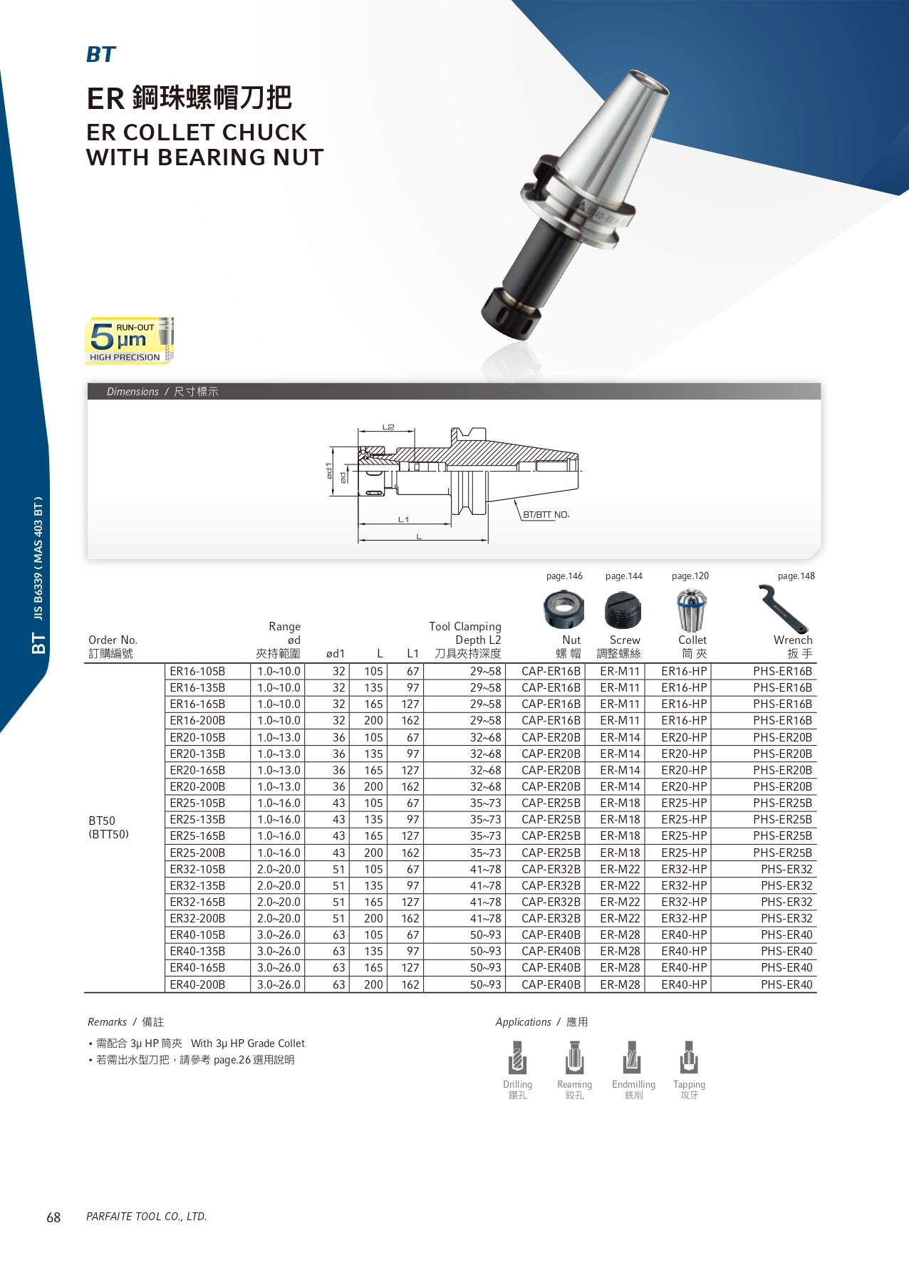BTT50 ER Collet Chuck with Bearing Nut-ER40-B